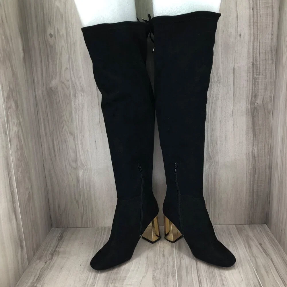 New Look OTK Boots Womens EU 39 Black Faux Suede Pull On Over The Knee